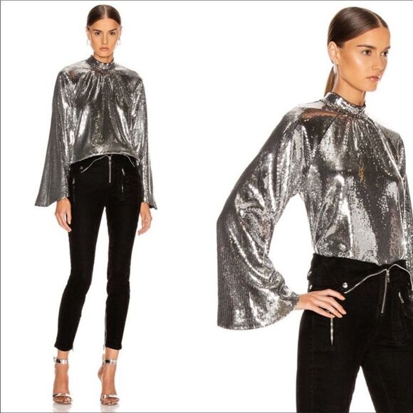 RtA Tennessee Peasant Silver Sequin Bell Sleeve Top Sz XS NWT - Picture 2 of 16